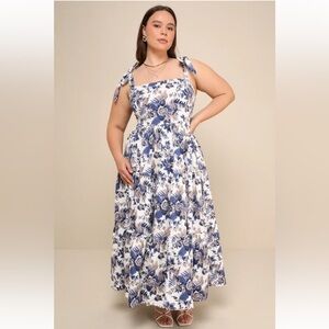 Lulus Mallorca Memories White Floral Print Tiered Tie-Strap Maxi Dress